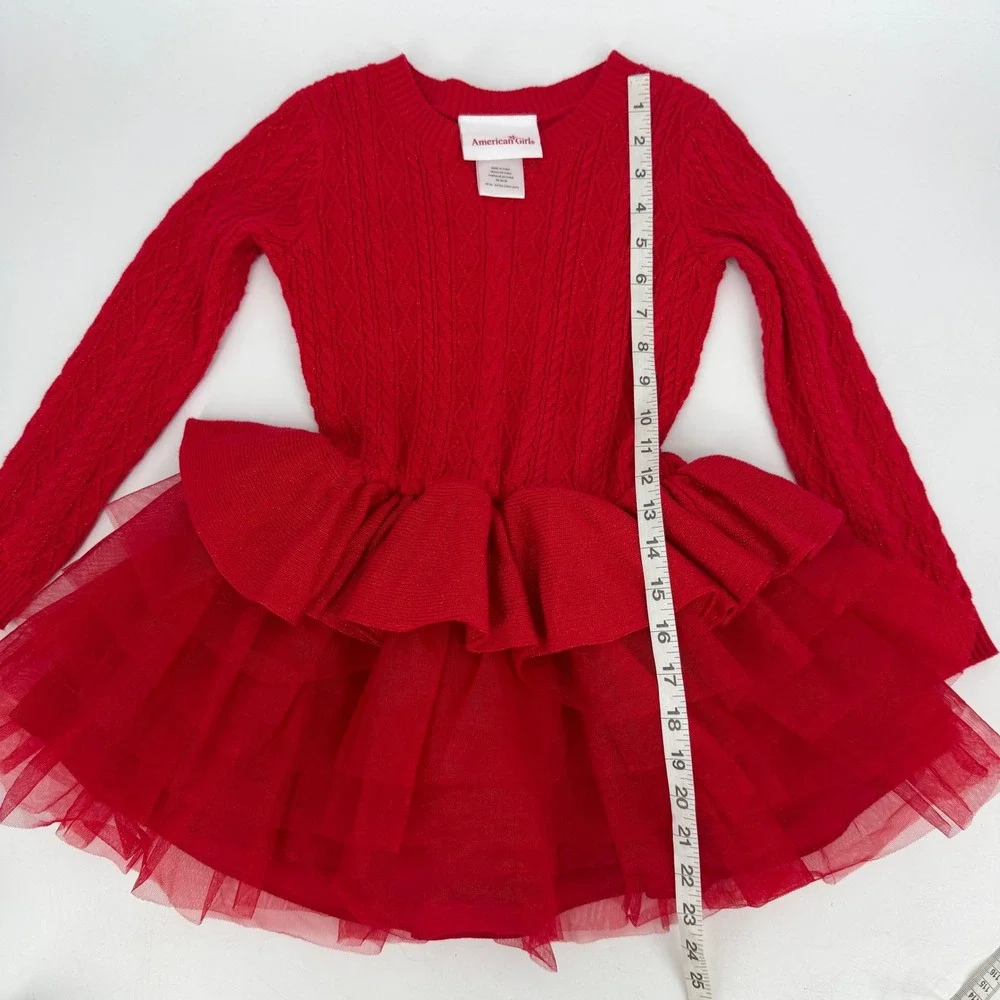 American Girl Red Crimson Sparkle Sweater Dress Sz 6 Cable Knit Tulle Skirt